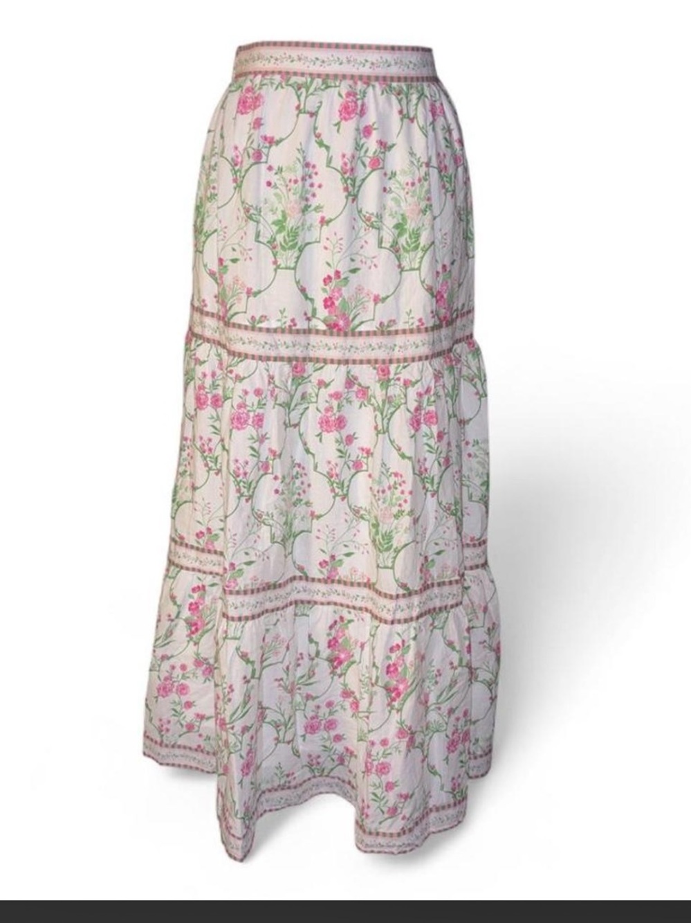 Japna White Maxi Skirt with Pink Floral & Green Vine Print